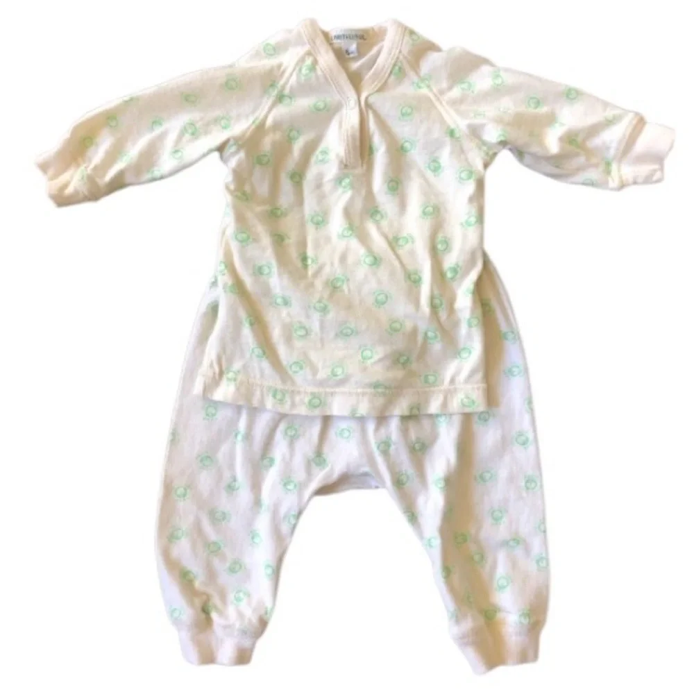 4/$20 Earthlings 100% Organic Cotton 2 pc Cream & Green outfit Sz 6 mo